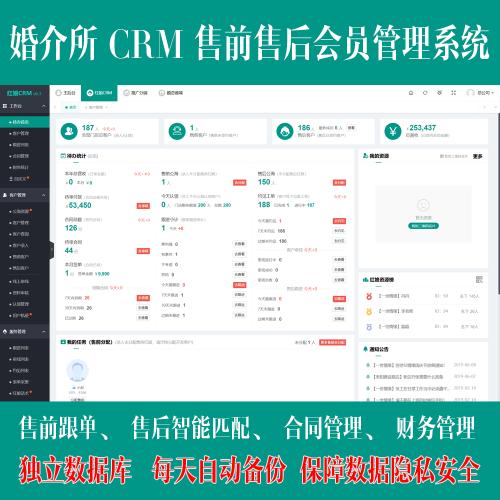 婚介所婚恋机构CRM会员管理系统售前管理跟单外呼售后管理智能匹配合理财务管理多门店支持多红娘支持双重备份客户站数据保障安全隐私